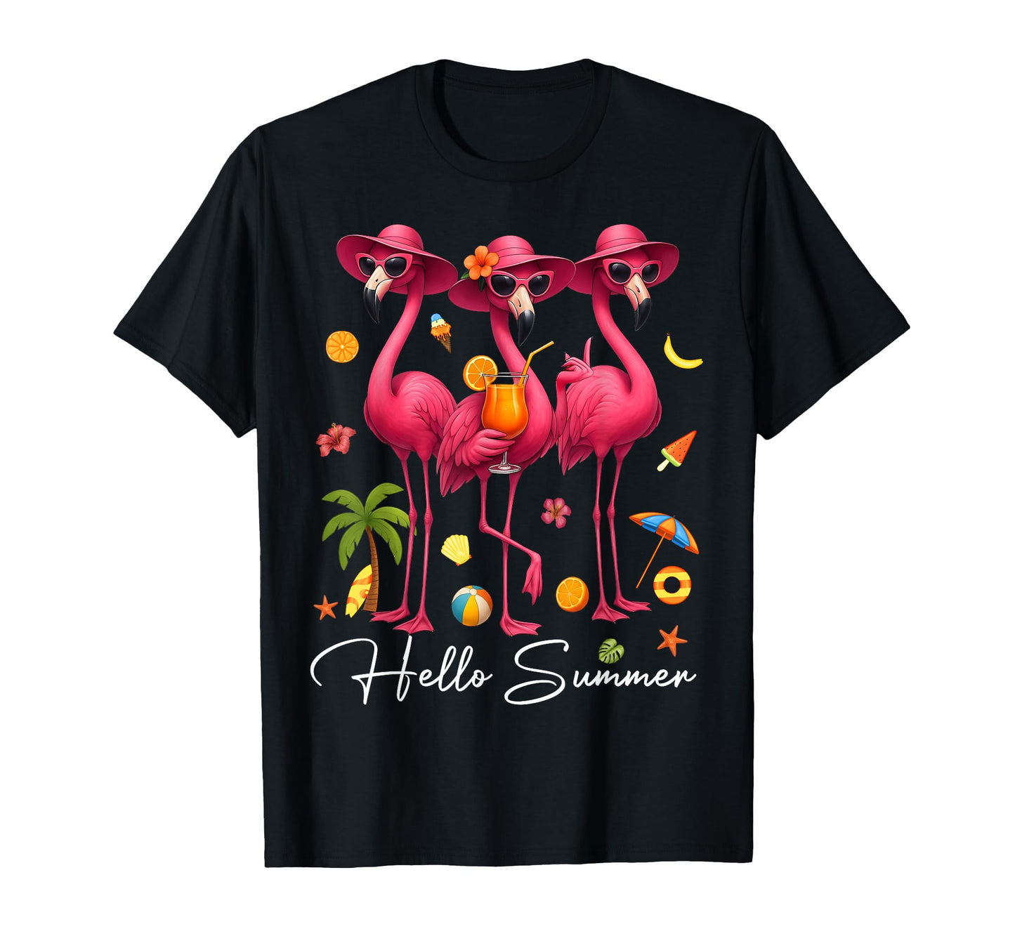 Hello Summer Pink Flamingo Summer Vibes Beach Palm Tree T-Shirt