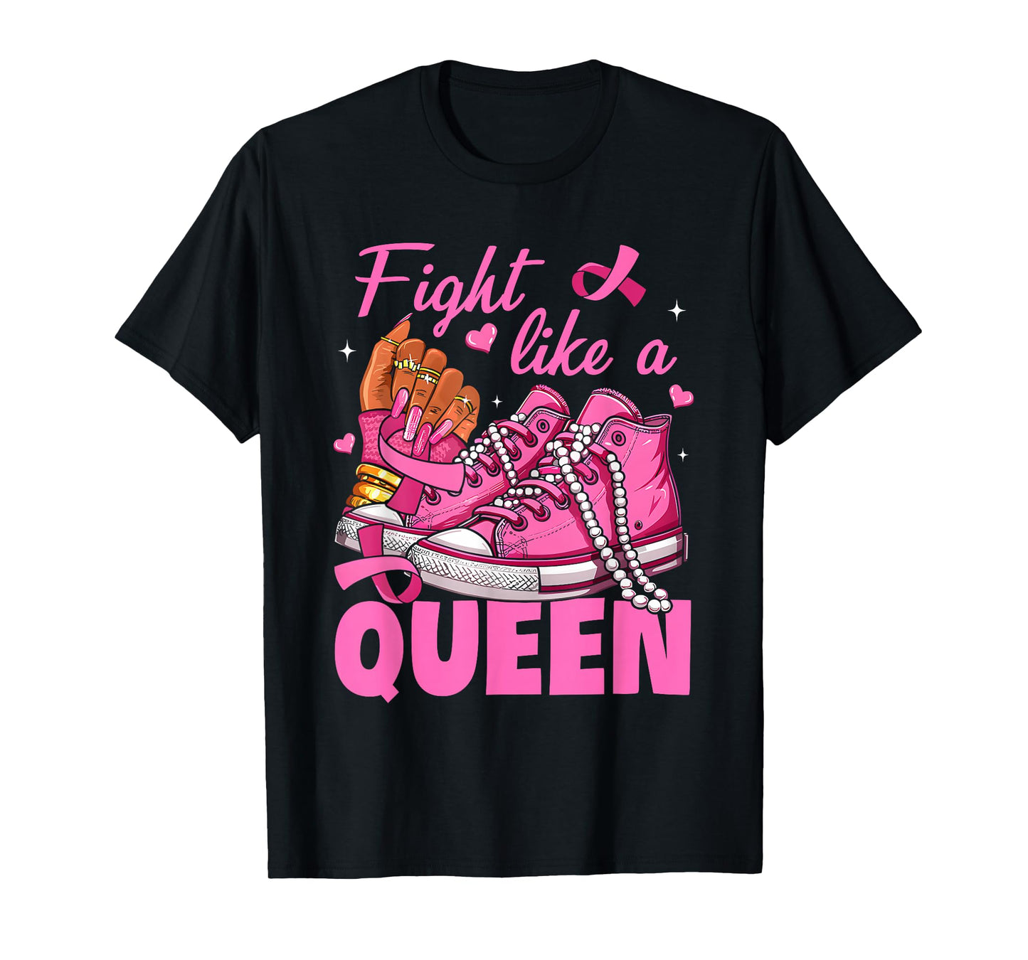 Fight Like A Queen Black Women Breast Cancer Pink Ribbon T-Shirt