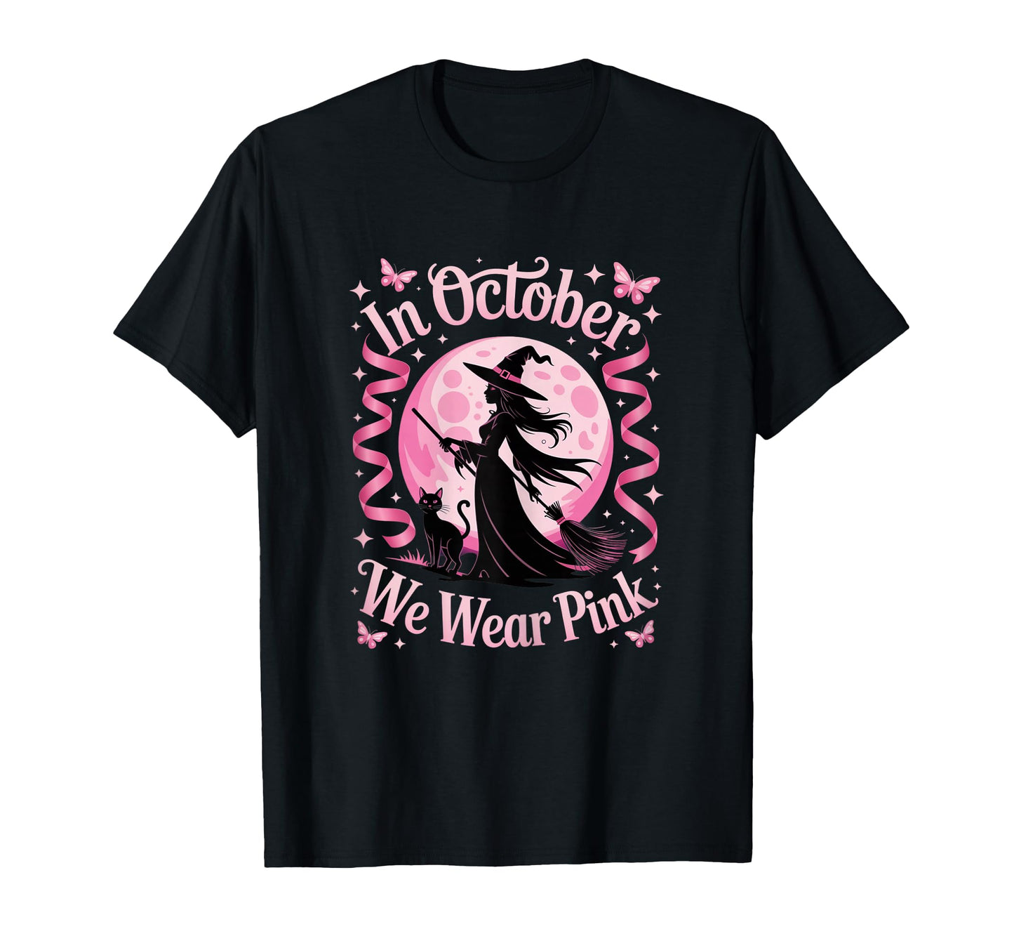 in October We Wear Pink Witch Halloween Awareness Gifts T-Shirt