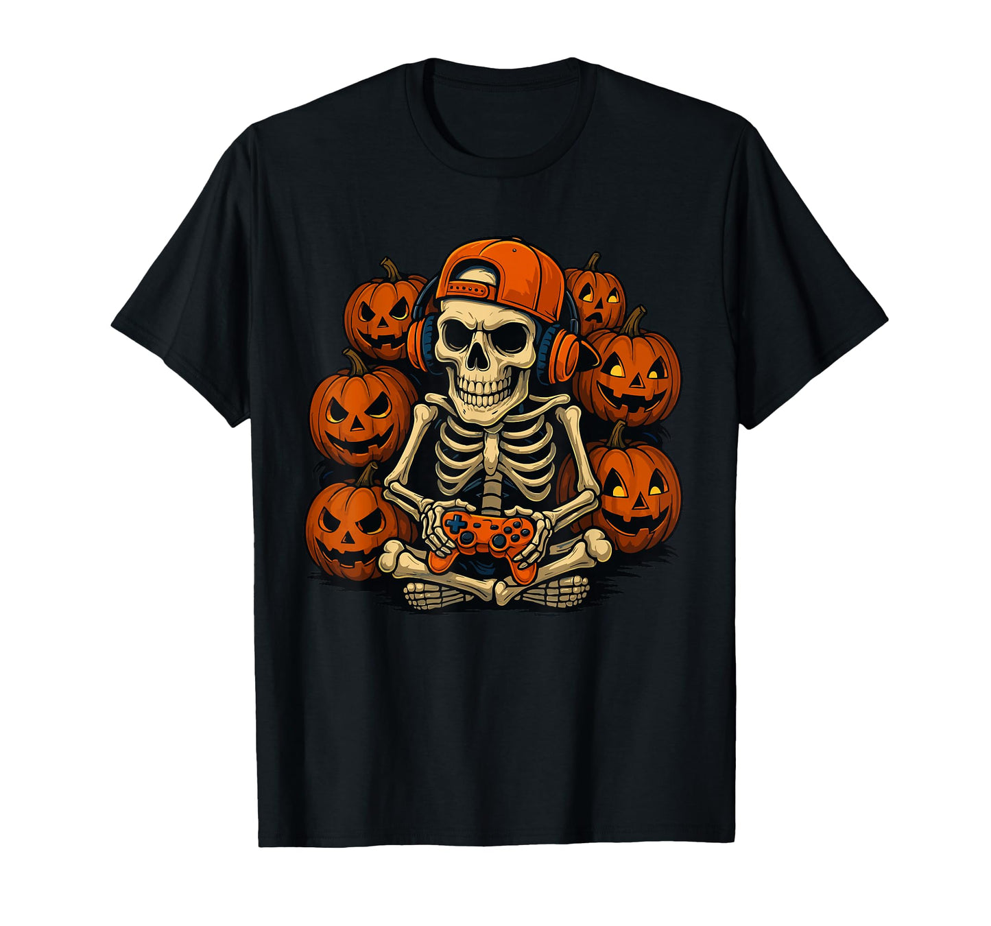 Halloween Boys Kids Men Funny Skeleton Gamer Pumpkin T-Shirt