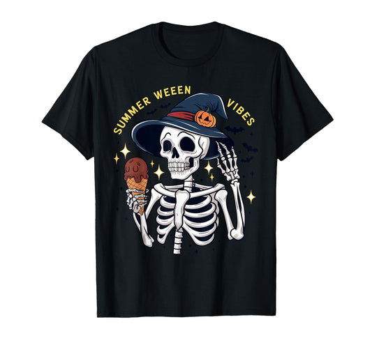 Summerween Vibes Funny Skeleton Ice Cream Summer Vacation Men Women Kids T-Shirt