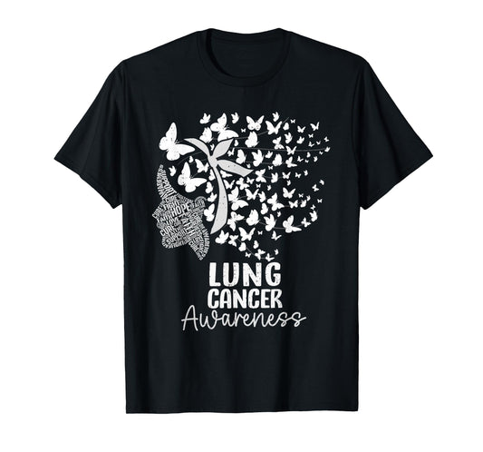 Womens Lung Cancer Awareness Butterfly White Ribbon Support T-Shirt