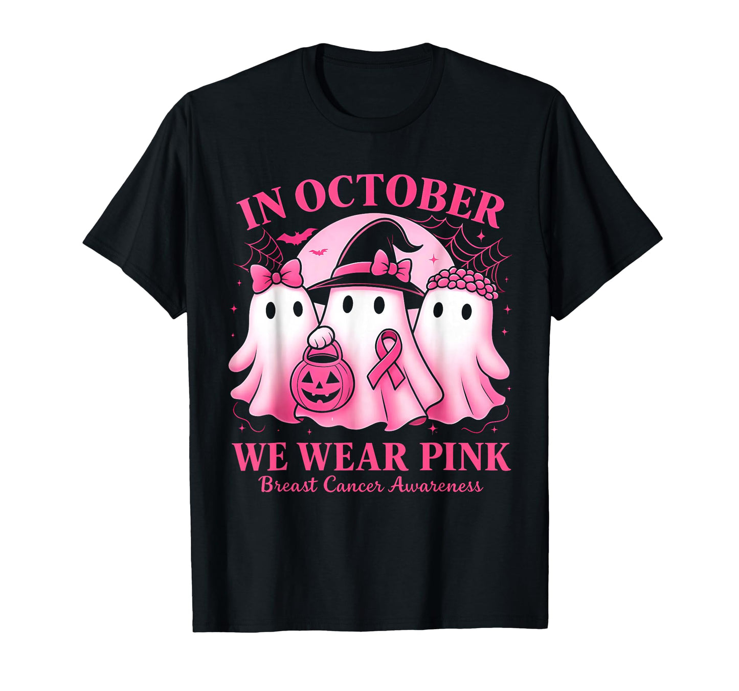 in October We Wear Pink Ghost Trio Breast Cancer Awareness T-Shirt