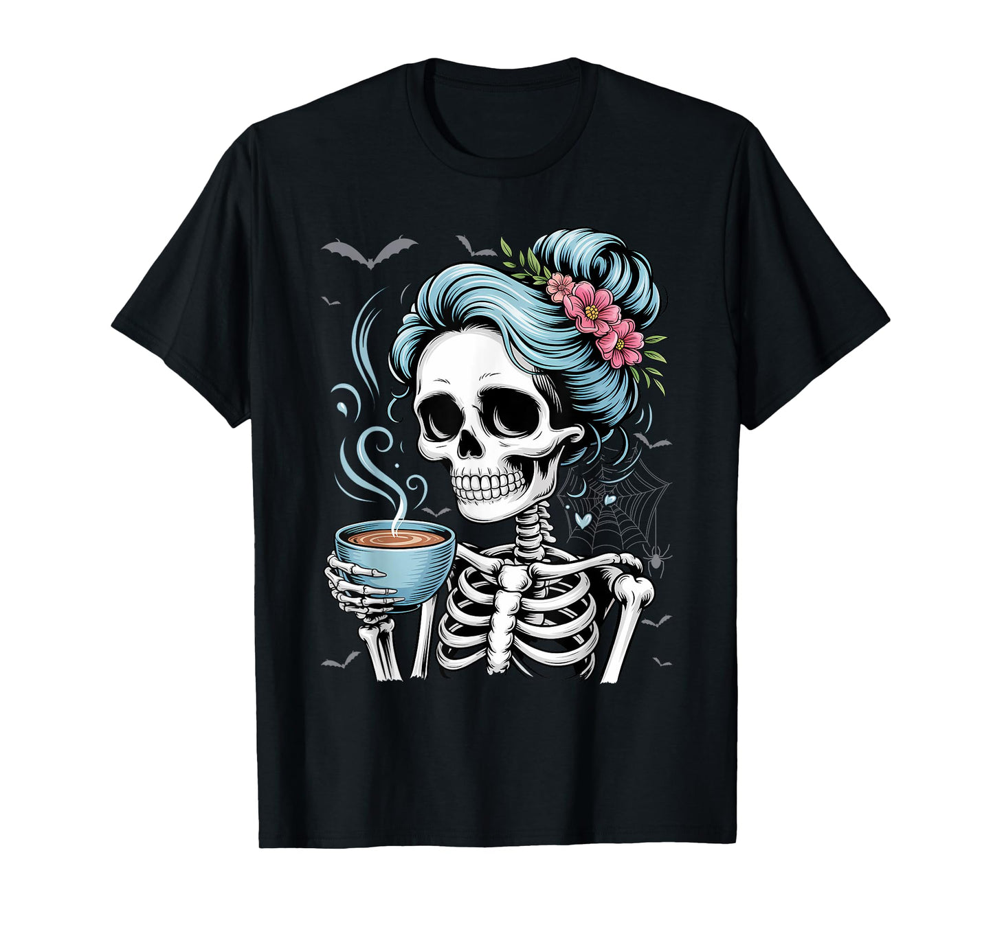 Messy Bun Skeleton Drinking Coffee Vintage Halloween Funny T-Shirt