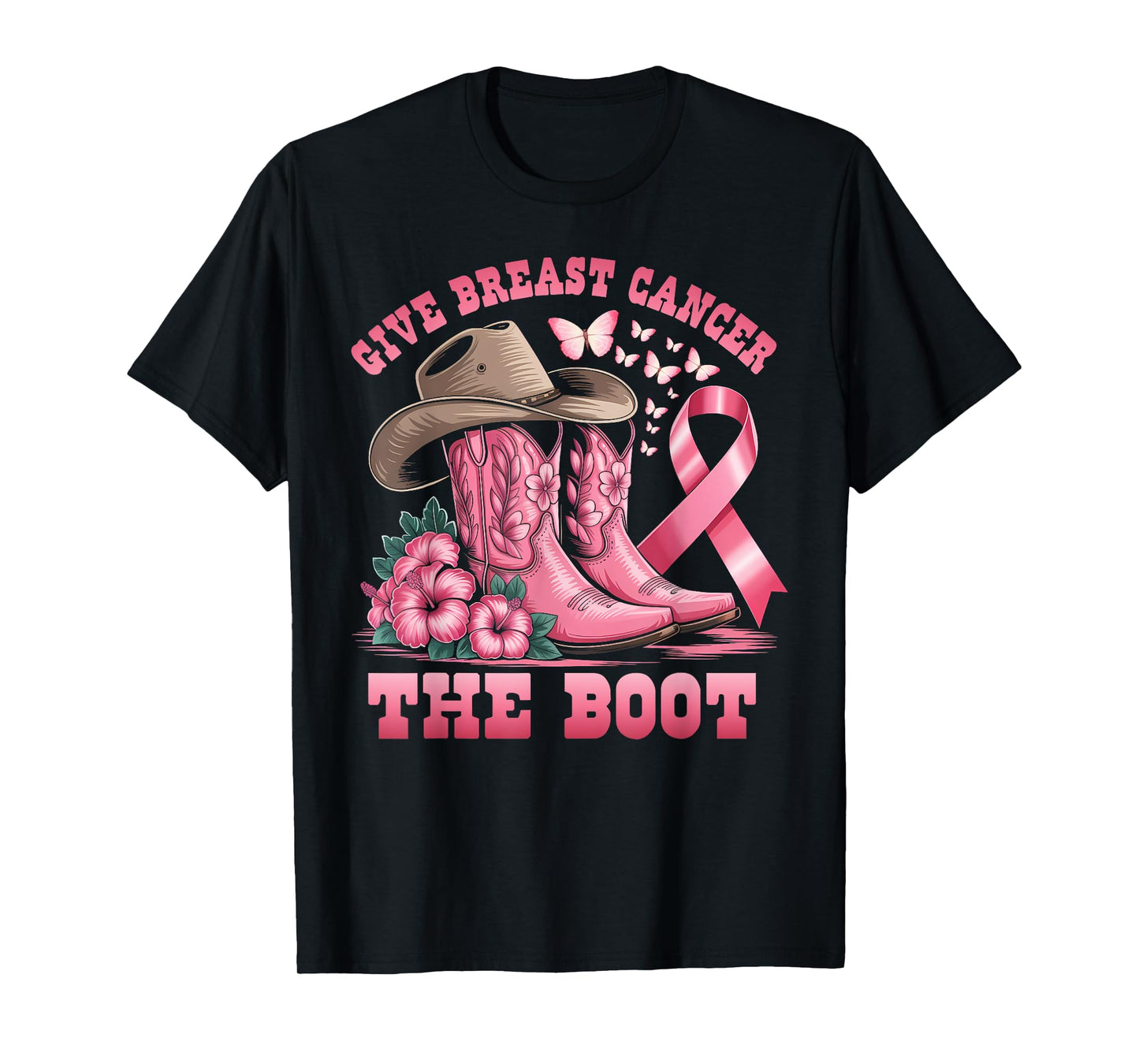Give Breast Cancer The Boot Cowgirl Cancer Awareness Ribbon T-Shirt