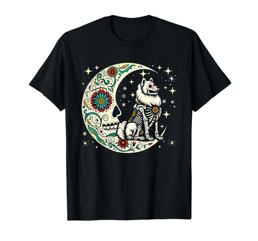 Dia De Los Muertos Halloween Moon Floral Skeleton Samoyed T-Shirt