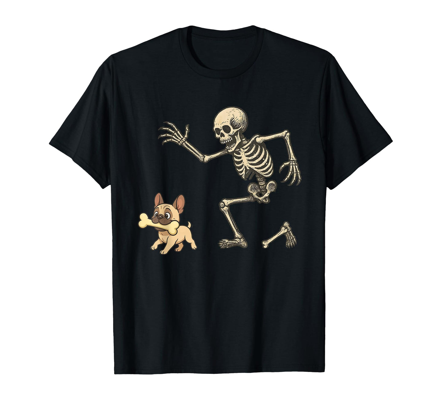Funny Skeleton Chasing Frenchie Halloween Dog Men Women T-Shirt