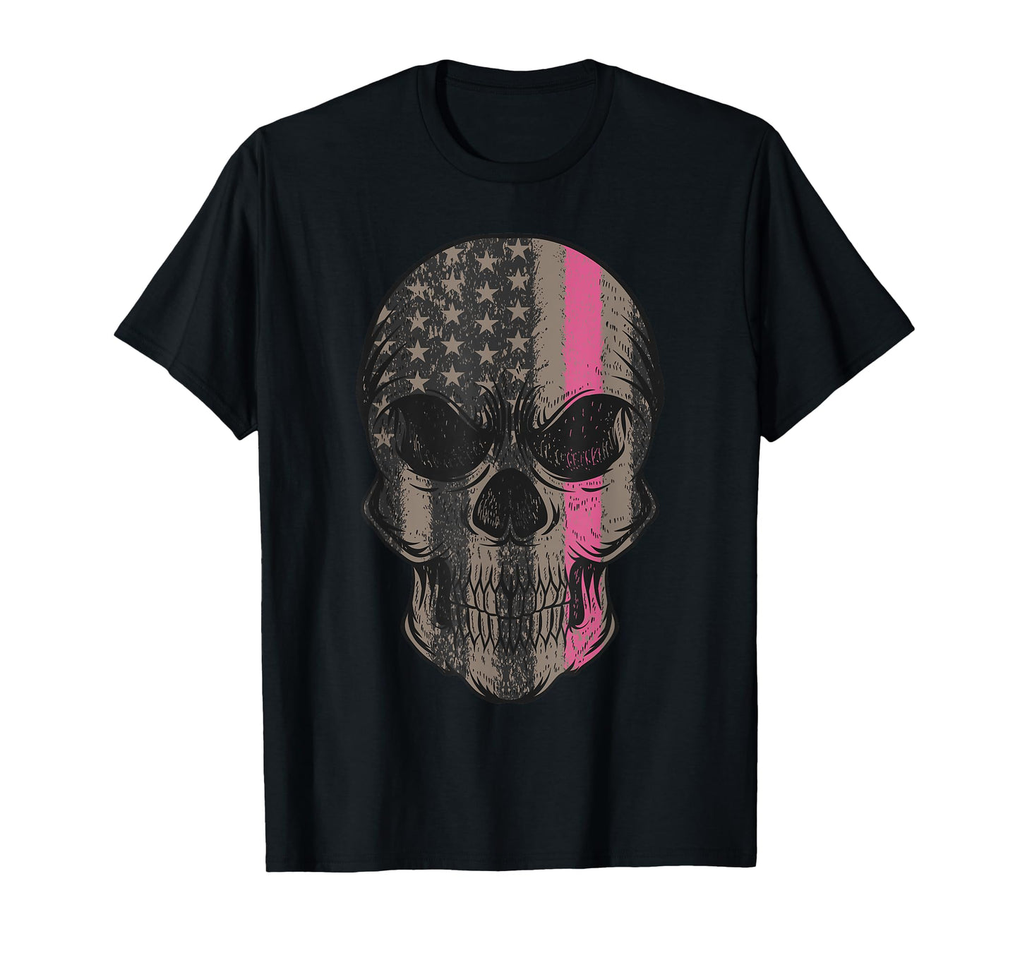 Thin Pink Line Breast Cancer Awareness American Flag Skull Women Men T-Shirt
