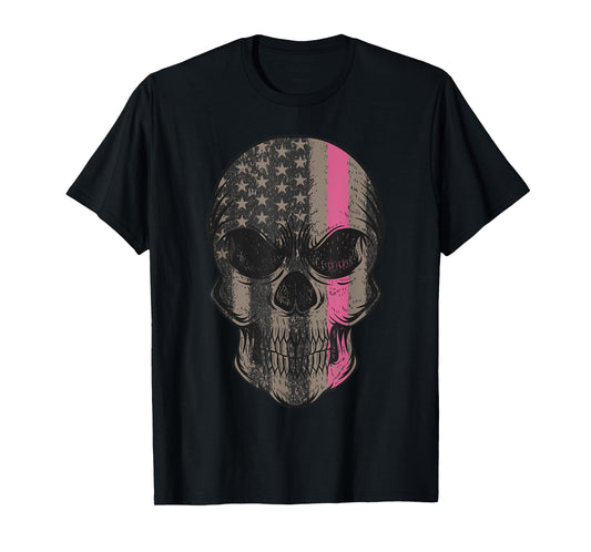 Thin Pink Line Breast Cancer Awareness American Flag Skull Women Men T-Shirt