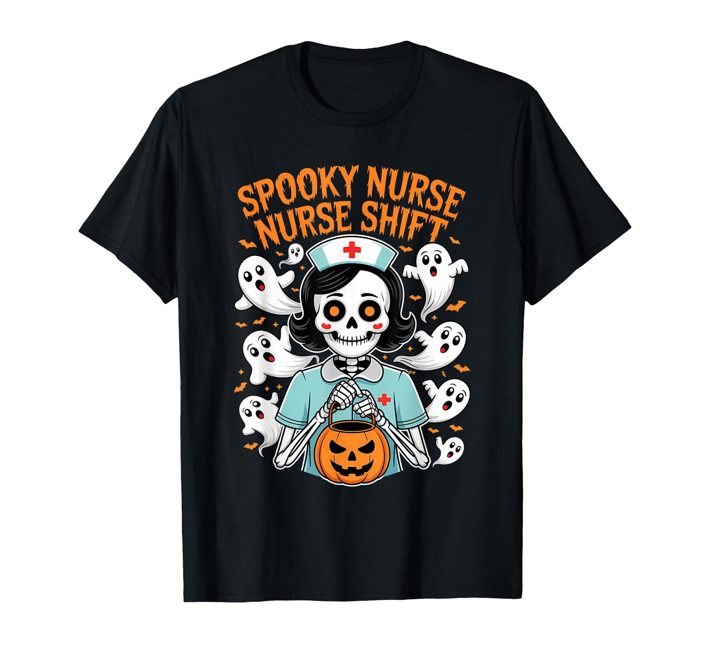 Spooky Nurse Shift Funny Nurses Ghosts Skeletons Halloween T-Shirt