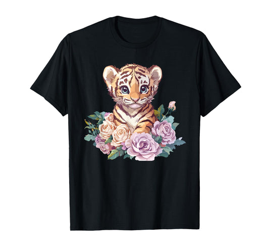 Adorable Tiger Cub Surrounded By Roses T-Shirt
