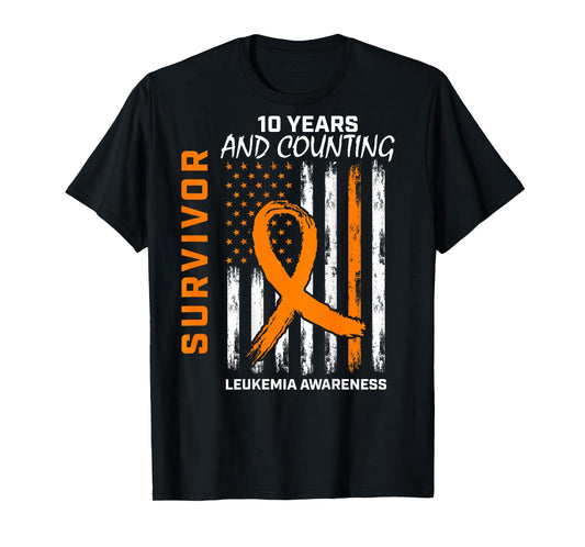 10 Year Cancer Survivor Leukemia Awareness American Flag T-Shirt