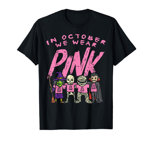 October We Wear Pink Witch Skeleton Halloween Breast Cancer T-Shirt