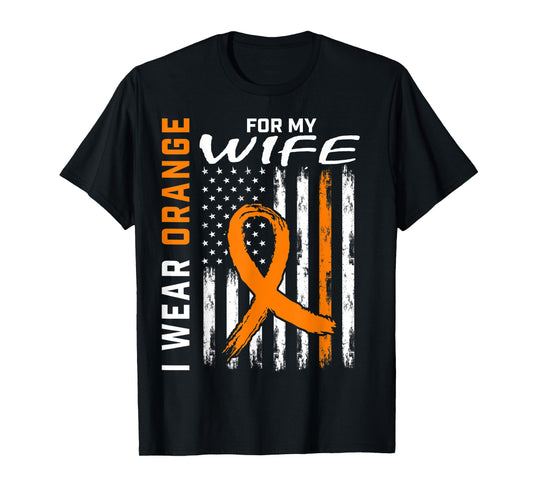 I Wear Orange For My Wife Leukemia Cancer Awareness USA Flag Men T-Shirt