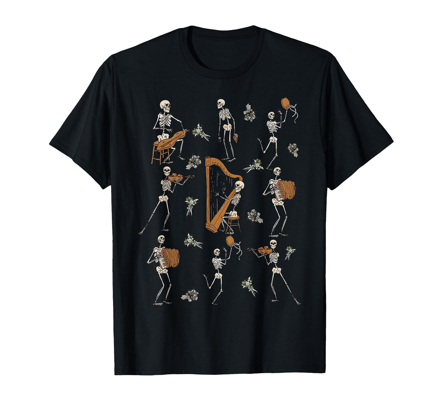 Skeleton Orchestra Halloween Musician Gothic Floral T-Shirt