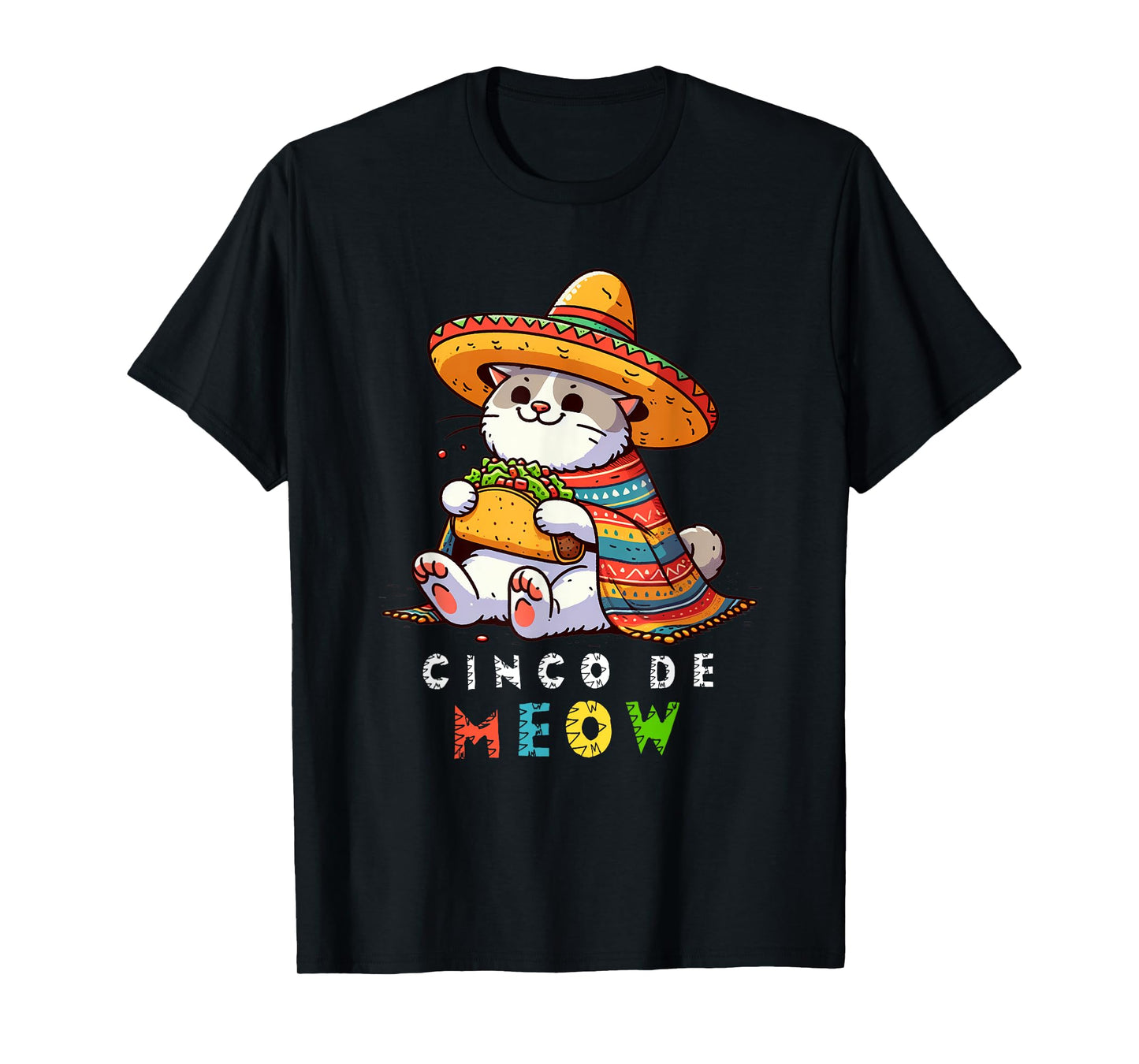 Cinco De Meow with Smiling Cat Taco and Sombrero Men Women Kids T-Shirt