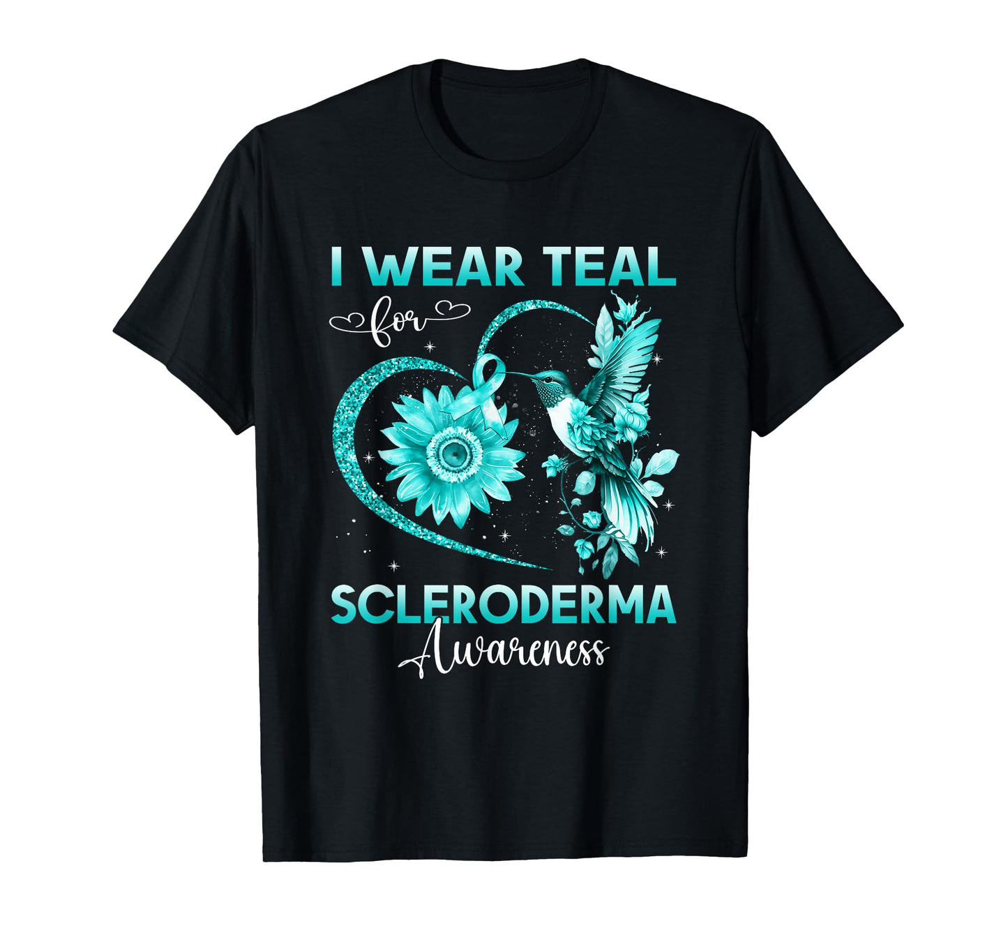 I Wear Teal For Scleroderma Awareness Hummingbird Sunflower T-Shirt