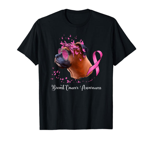 Boxer Dog Lover Pink Ribbon Breast Cancer Awareness T-Shirt