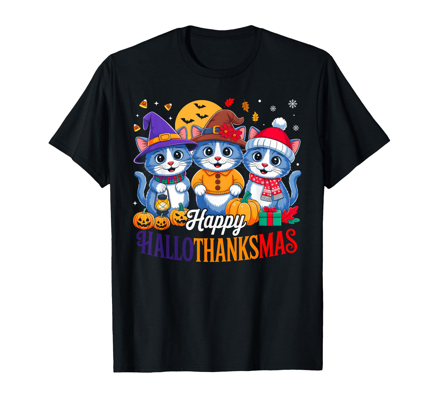 Happy Hallothanksmas Shirt Cat Lover Halloween Thanksgiving T-Shirt