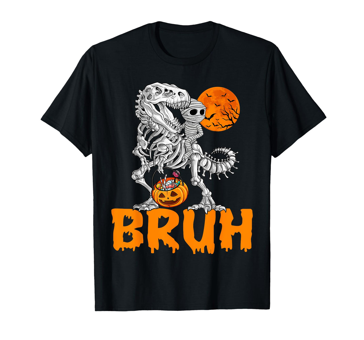 Bruh Skeleton Riding Mummy Dinosaur T Rex Halloween Moon T-Shirt