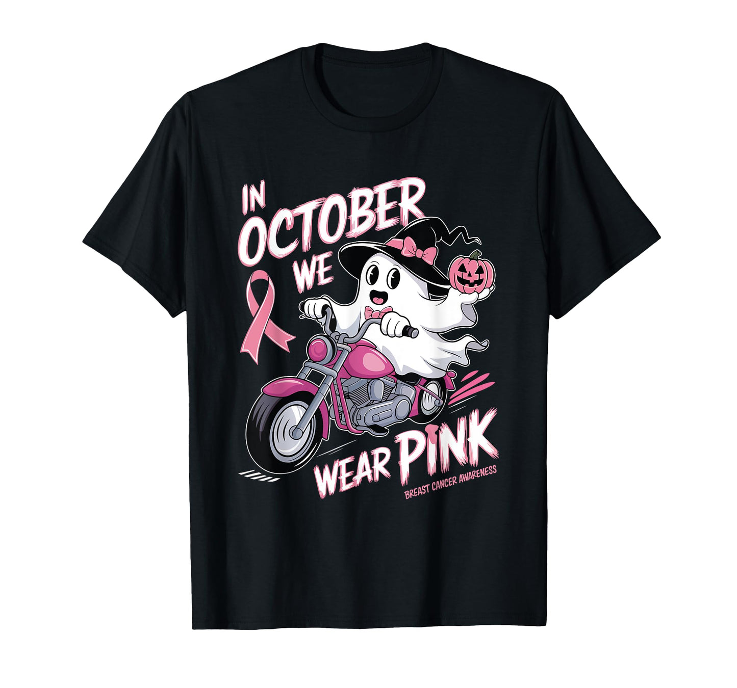 In October We Wear Pink Ghost Riding Motorcycle Halloween T-Shirt
