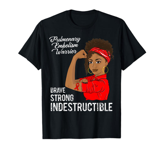 Pulmonary Embolism Warrior Black Girl Awareness Red Ribbon T-Shirt