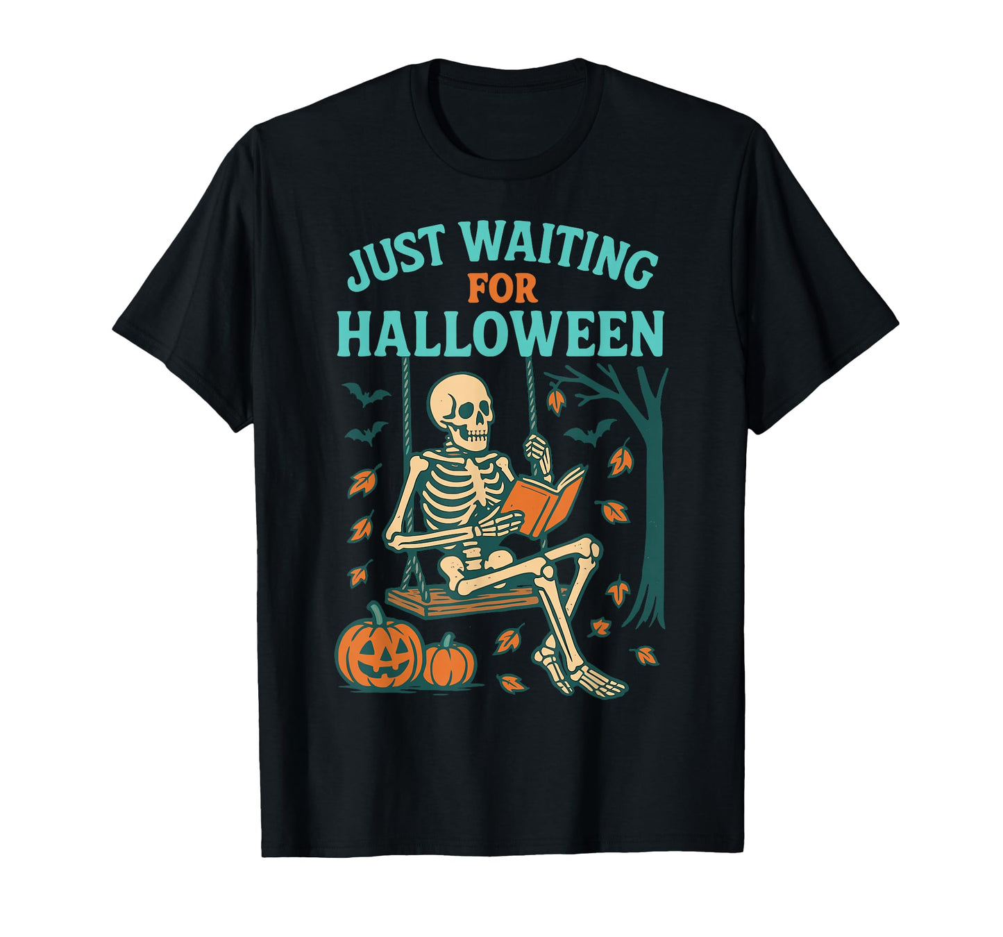 Just Waiting for Halloween Funny Skeleton Reading Spooky T-Shirt