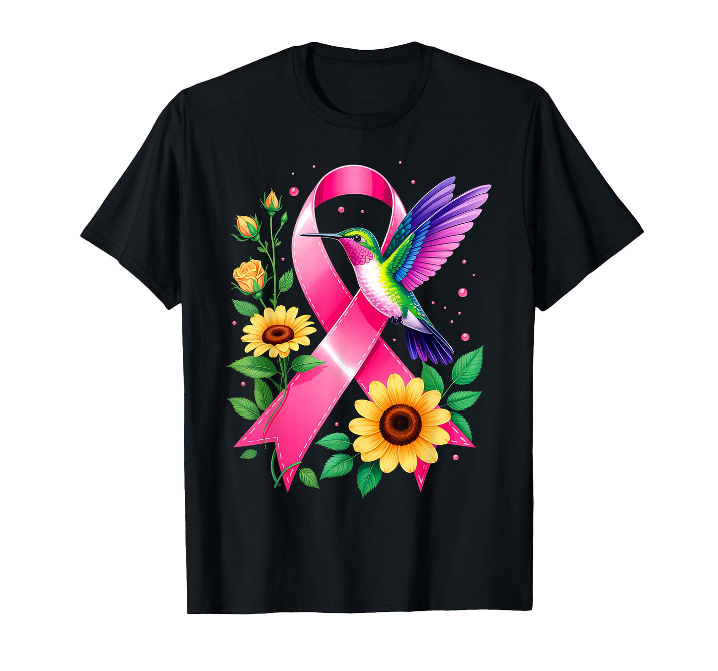 Hummingbird Sunflower Pink Ribbon Breast Cancer Awareness T-Shirt