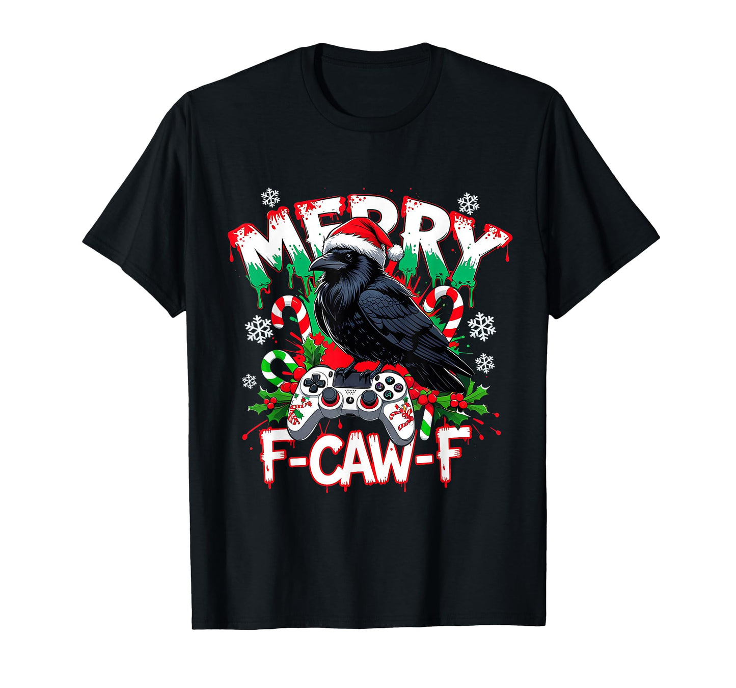 Merry F-Caw-F Gamer Crow Funny Christmas Holiday Tee T-Shirt