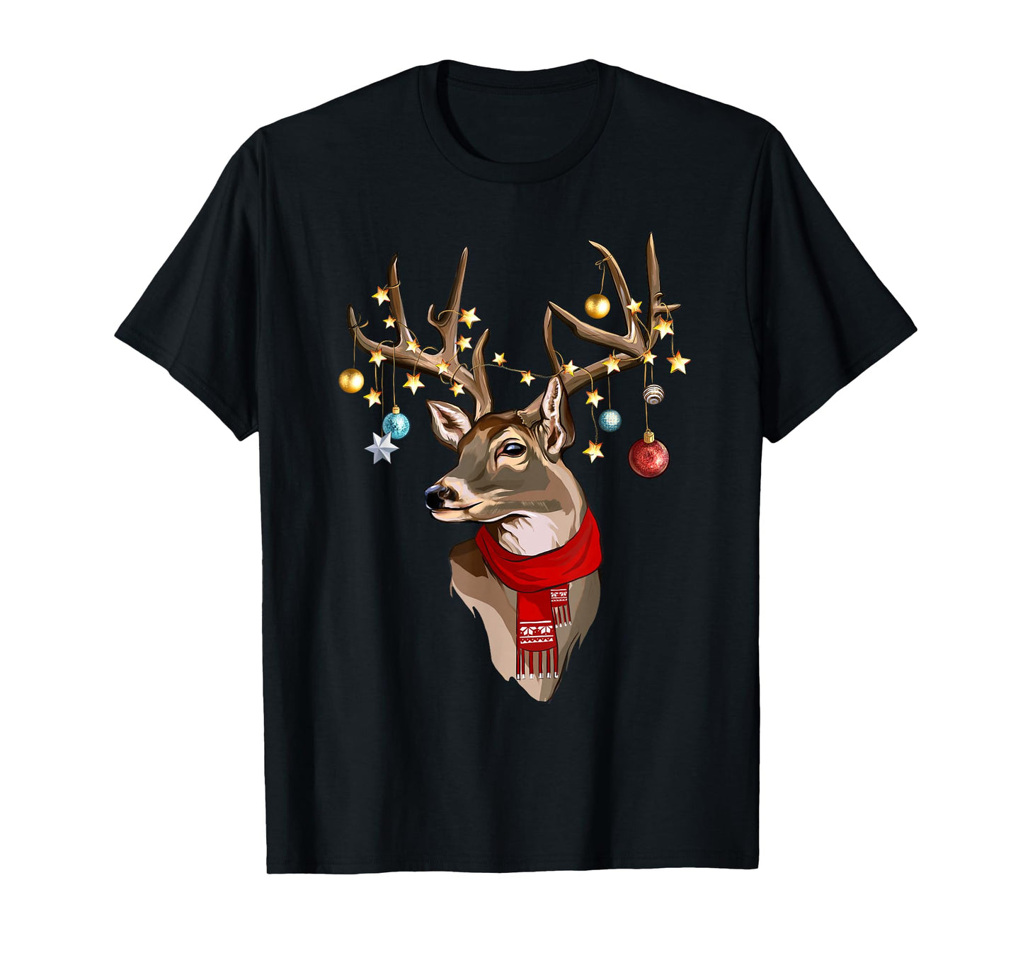 Buck Deer Antlers Christmas Lights Scarf Xmas Party T-Shirt