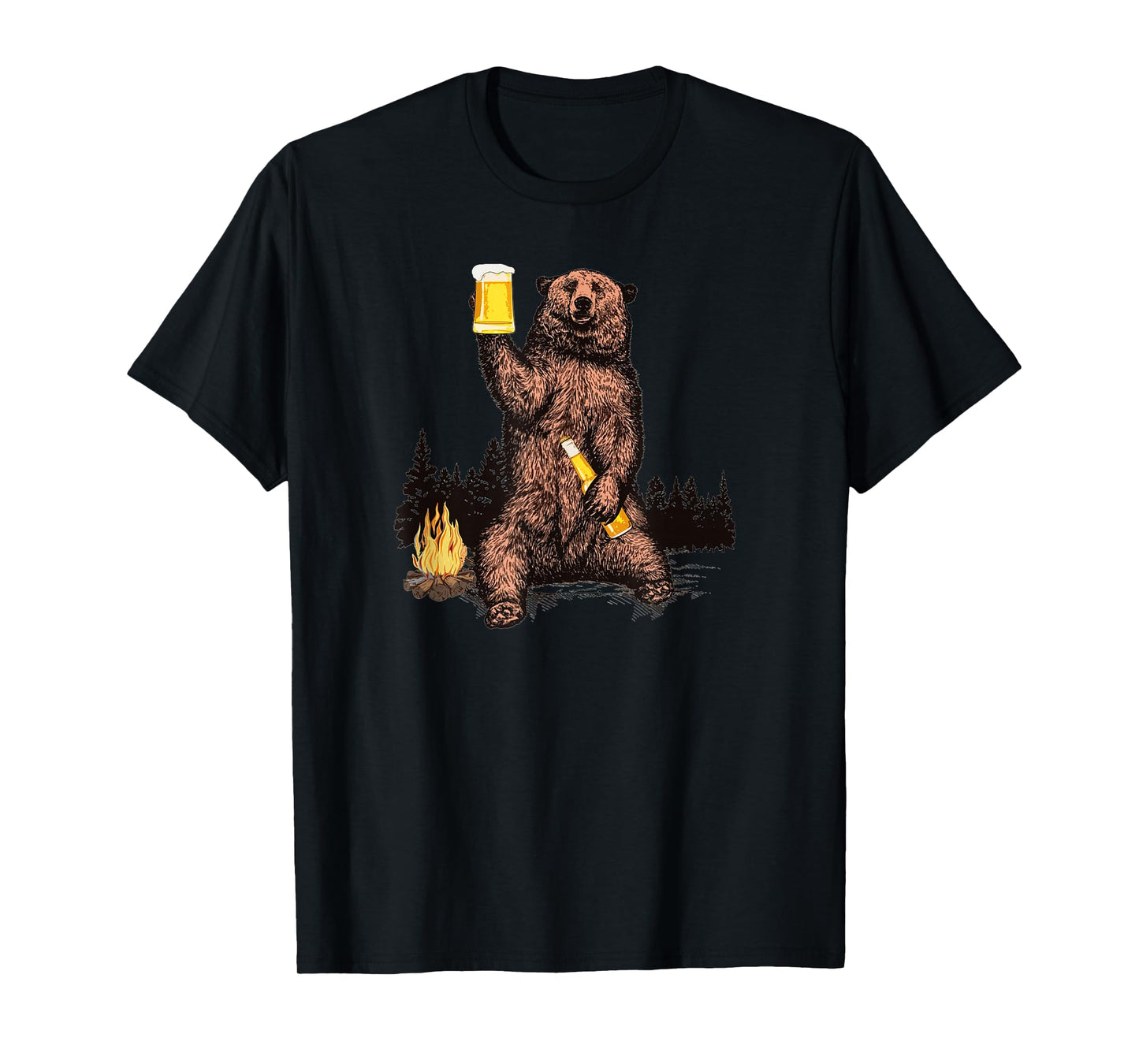 Bear Drinking Beer Camp Fire Woods Outdoor Funny Grizzly T-Shirt