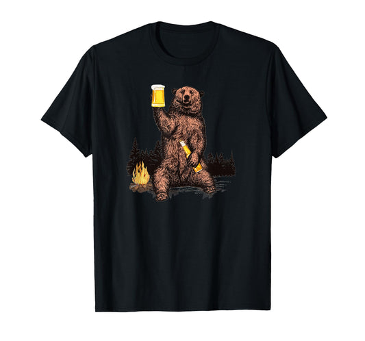 Bear Drinking Beer Camp Fire Woods Outdoor Funny Grizzly T-Shirt