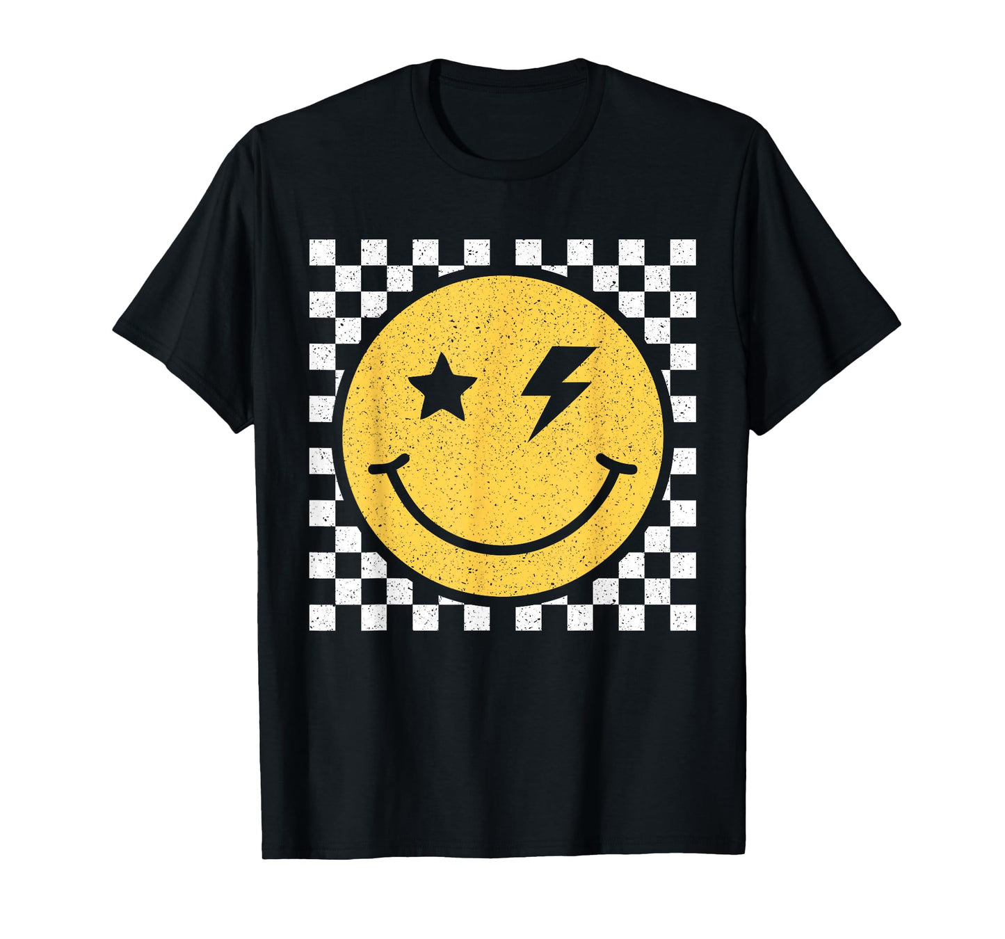 Retro Yellow Happy Face Checkered Pattern Smile Face Trendy T-Shirt