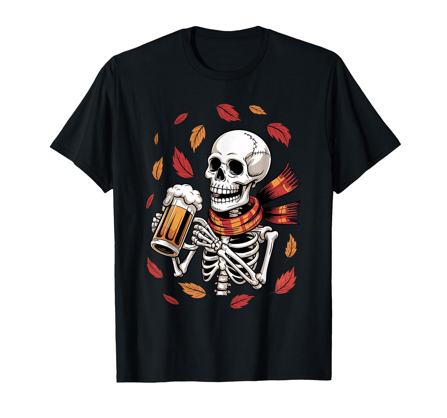 Skeleton Drinking Beer Halloween Autumn Thanksgiving Costume T-Shirt