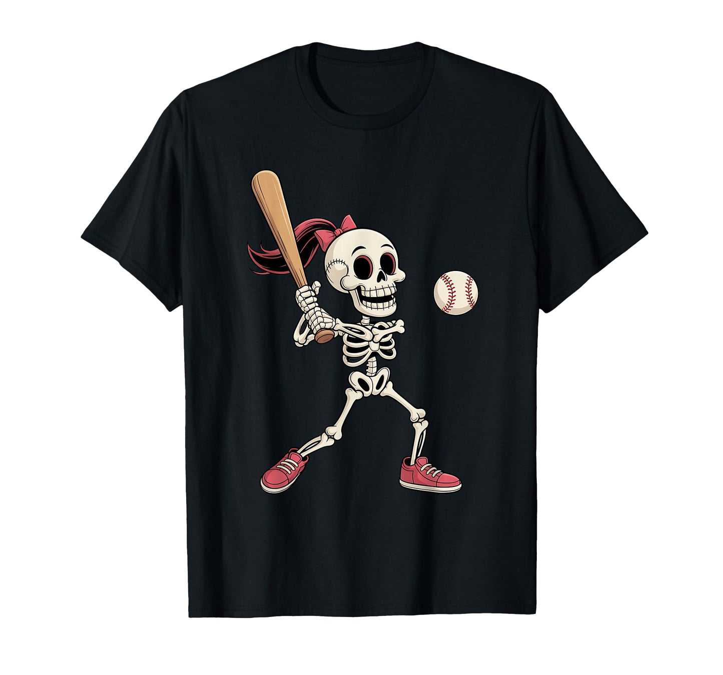 Messy Bun Skeleton Baseball Player Girls Women Halloween T-Shirt