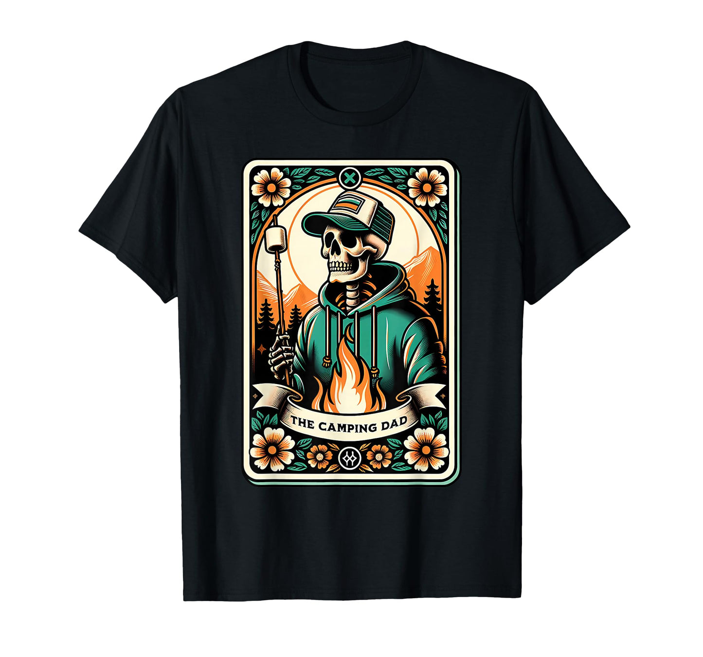 Skeleton Camping Dad Tarot Card Campfire Camper Halloween T-Shirt