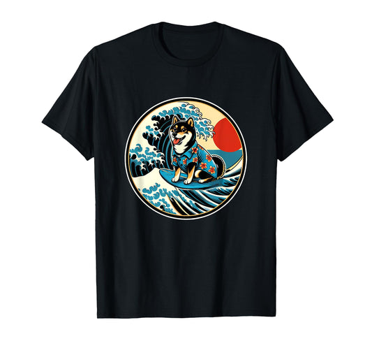 Great Wave Kanagawa Black and tan Shiba Inu Surfing T-Shirt