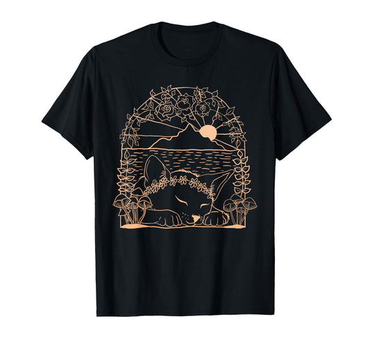 Cottagecore Aesthetic Cat with Mushroom and Flowers T-Shirt for Men Women Kids