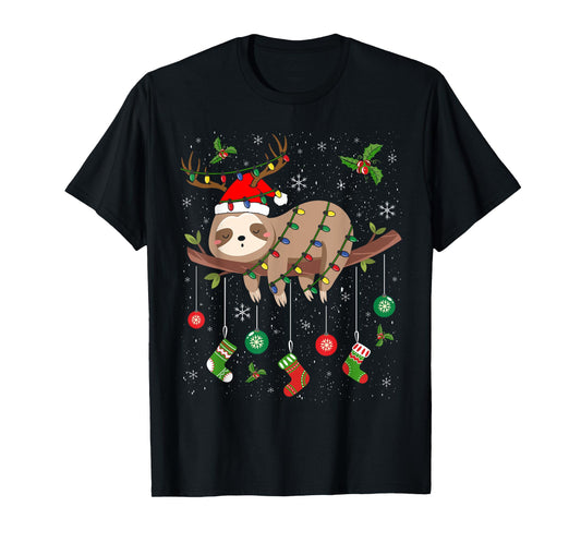 Sloths Xmas Lighting Reindeer Santa Hat Sloth Christmas T-Shirt