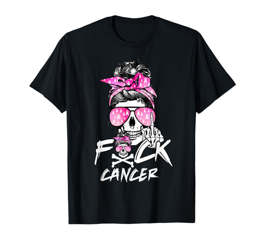 Fuck Breast Cancer Women Warrior Pink Ribbon Messy Bun Hair T-Shirt