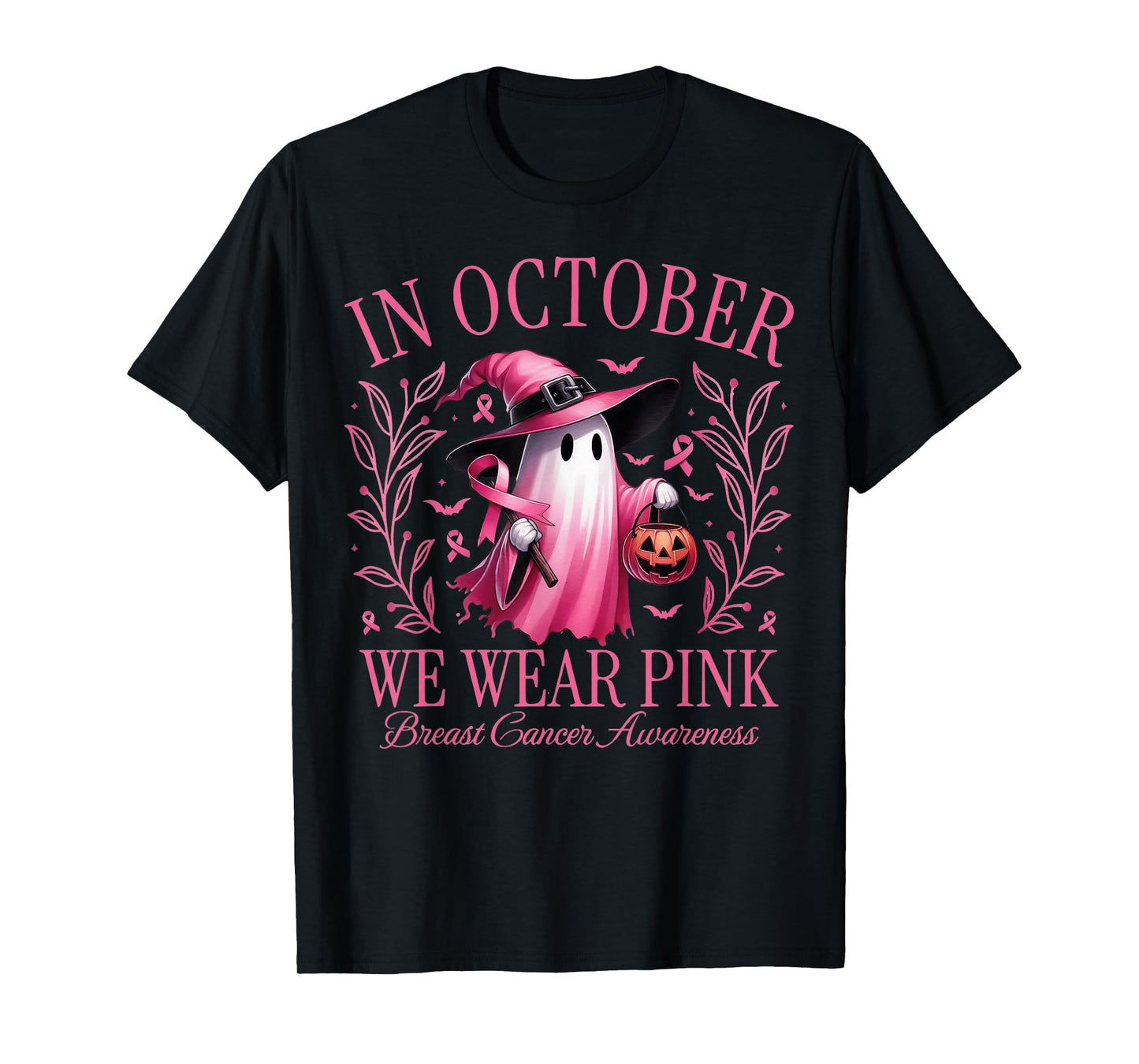 in October We Wear Pink Breast Cancer Awareness Halloween T-Shirt