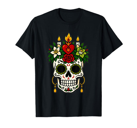 De Los Muertos Sugar Skull Skeleton Flower Halloween Costume T-Shirt