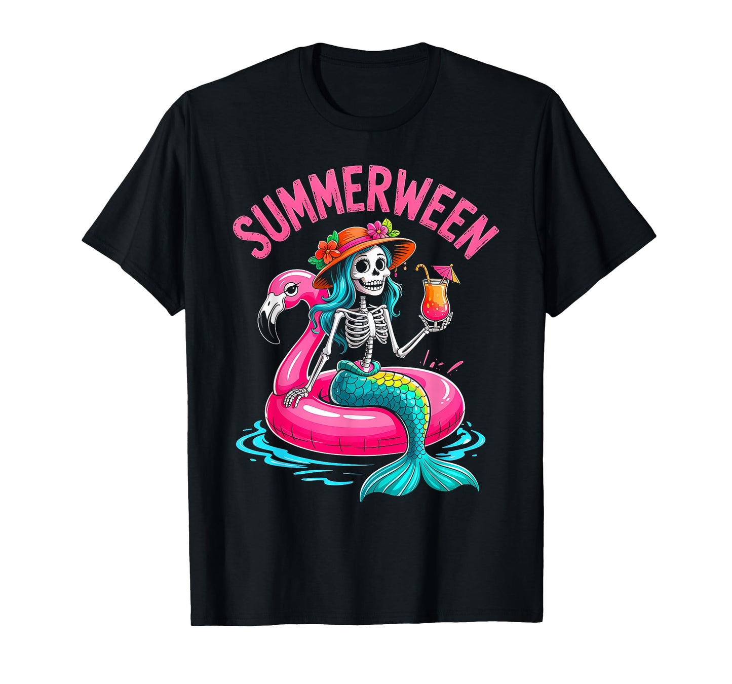 Mermaid Skeleton Beach Flamingo Halloween Girl T-Shirt