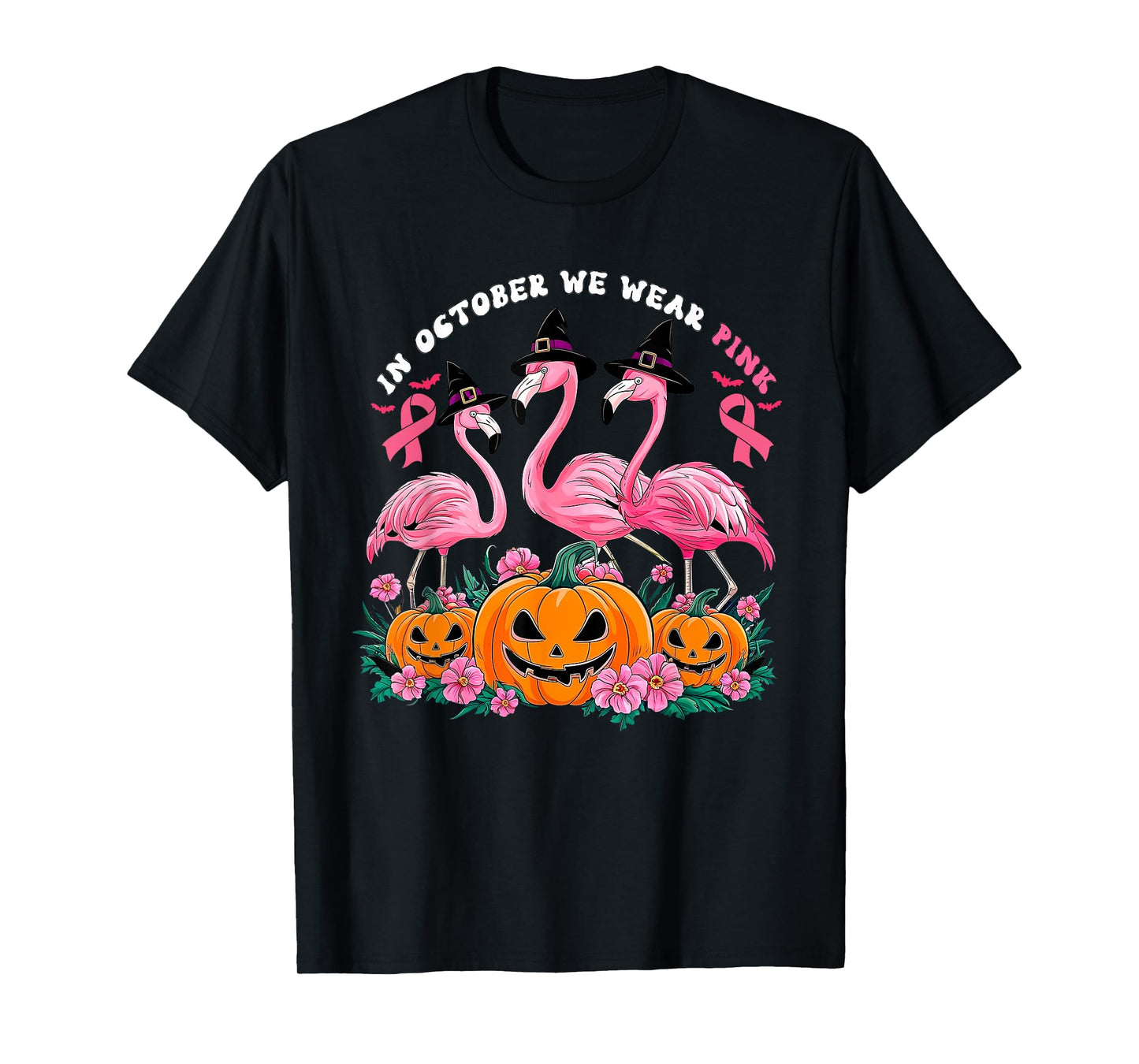 in October We Wear Pink Flamingo Breast Cancer Halloween T-Shirt