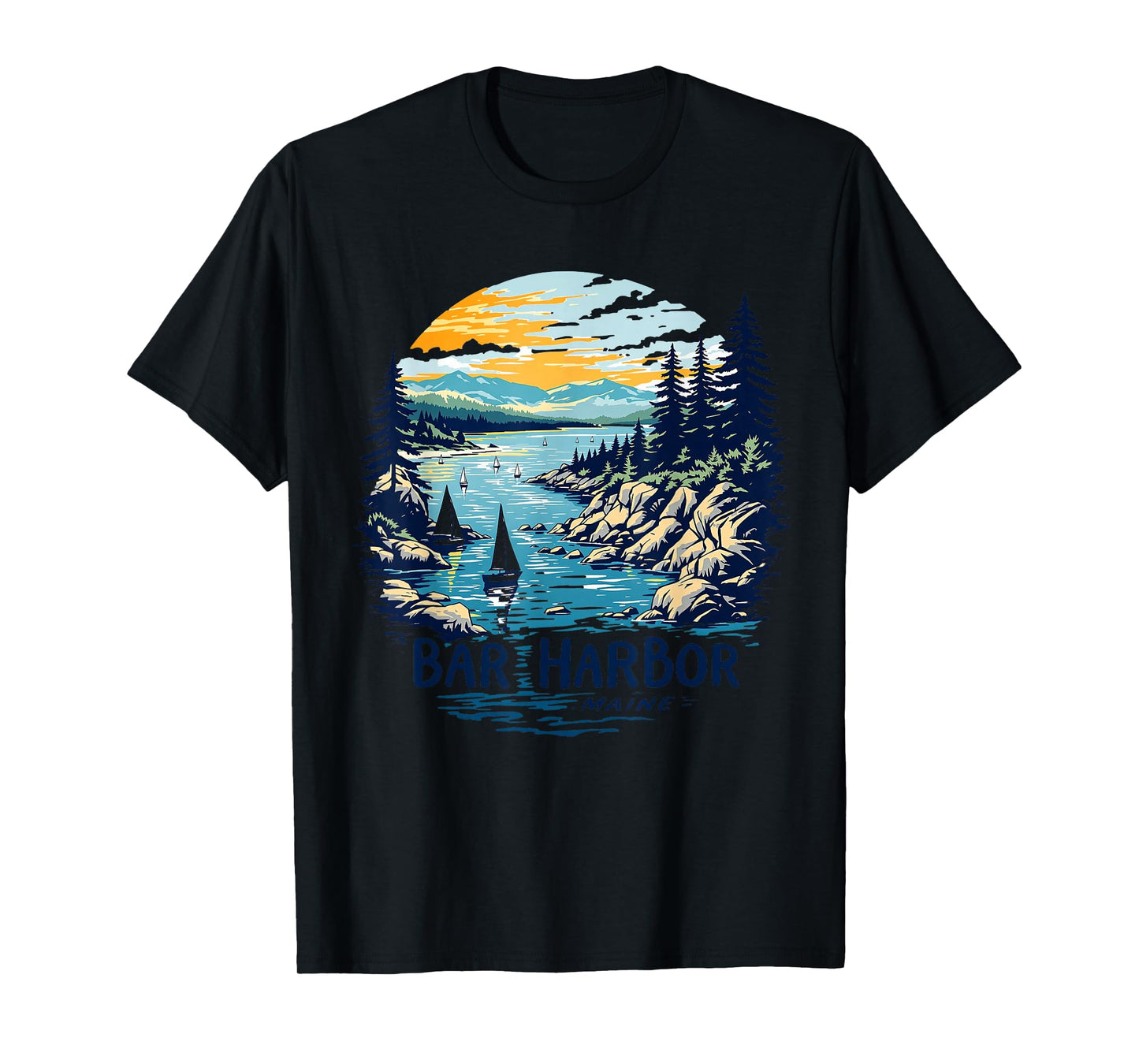 Vintage Bar Harbor Maine Sunset Coastal Cityscape Retro T-Shirt