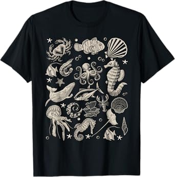 Vintage Ocean Wildlife Shark Turtle Octopus T-Shirt