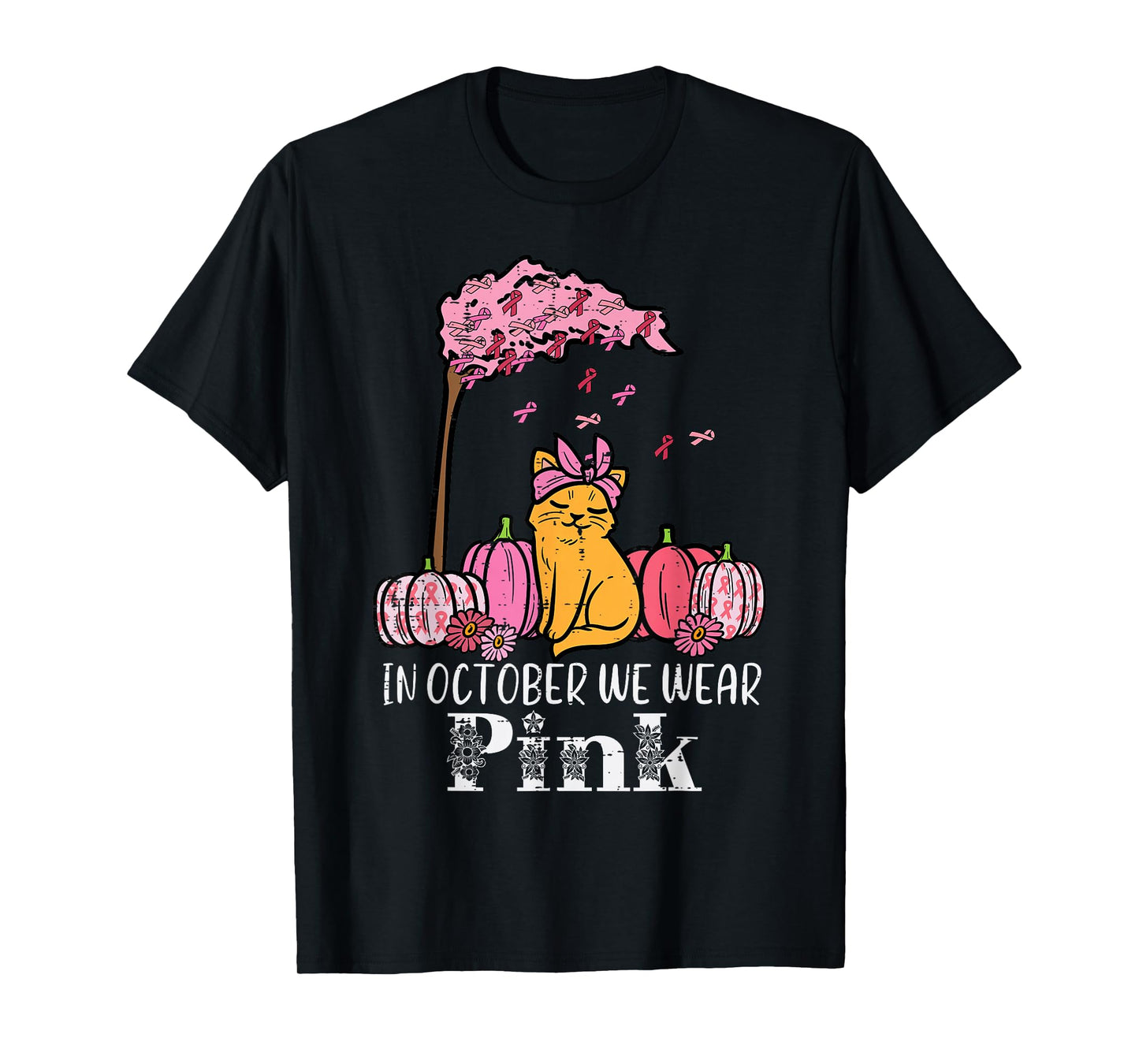 In October We Wear Pink Cat Fall Breast Cancer Awareness T-Shirt