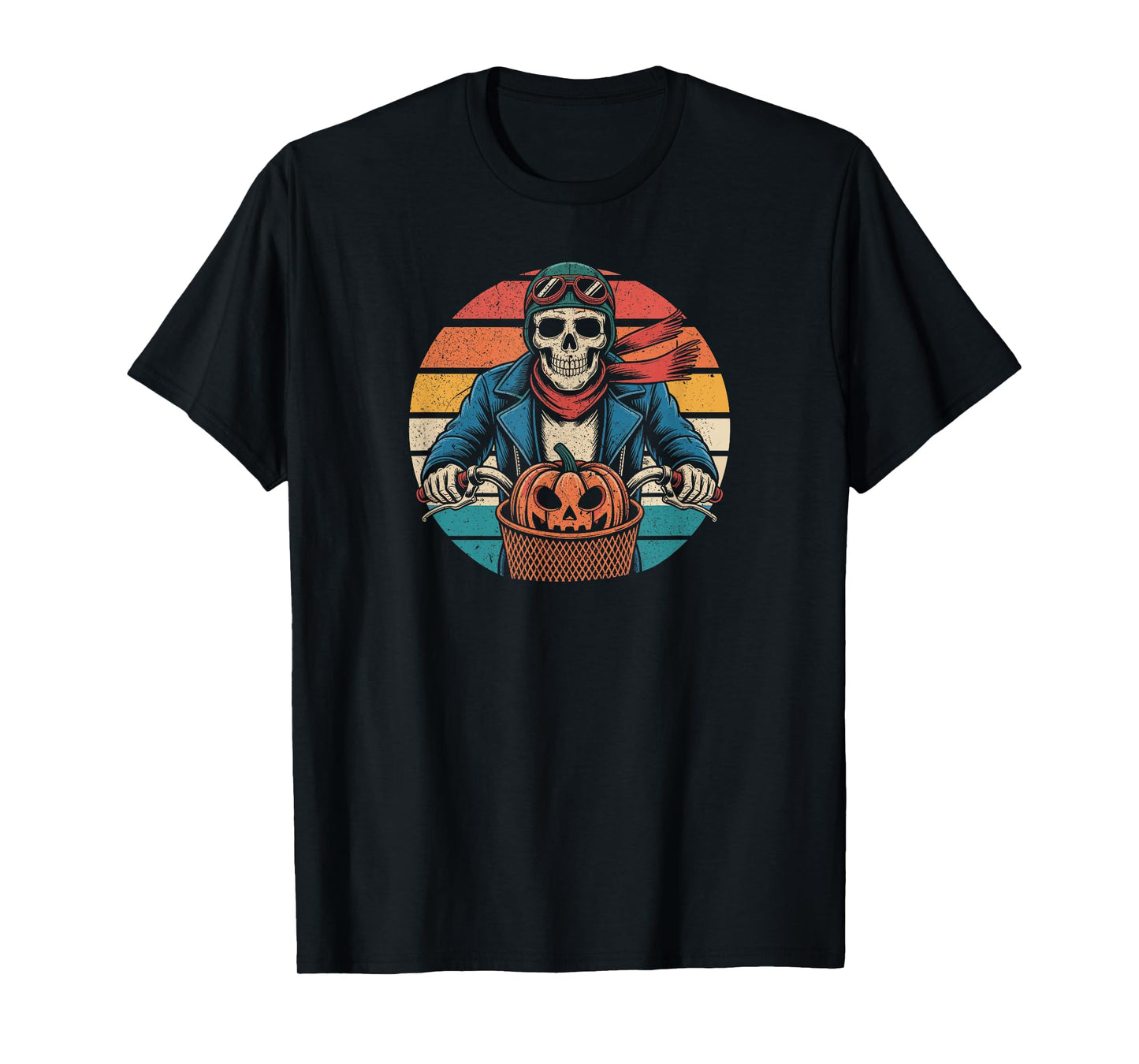 Skeleton Biker with Pumpkin Basket Retro Sunset T-Shirt