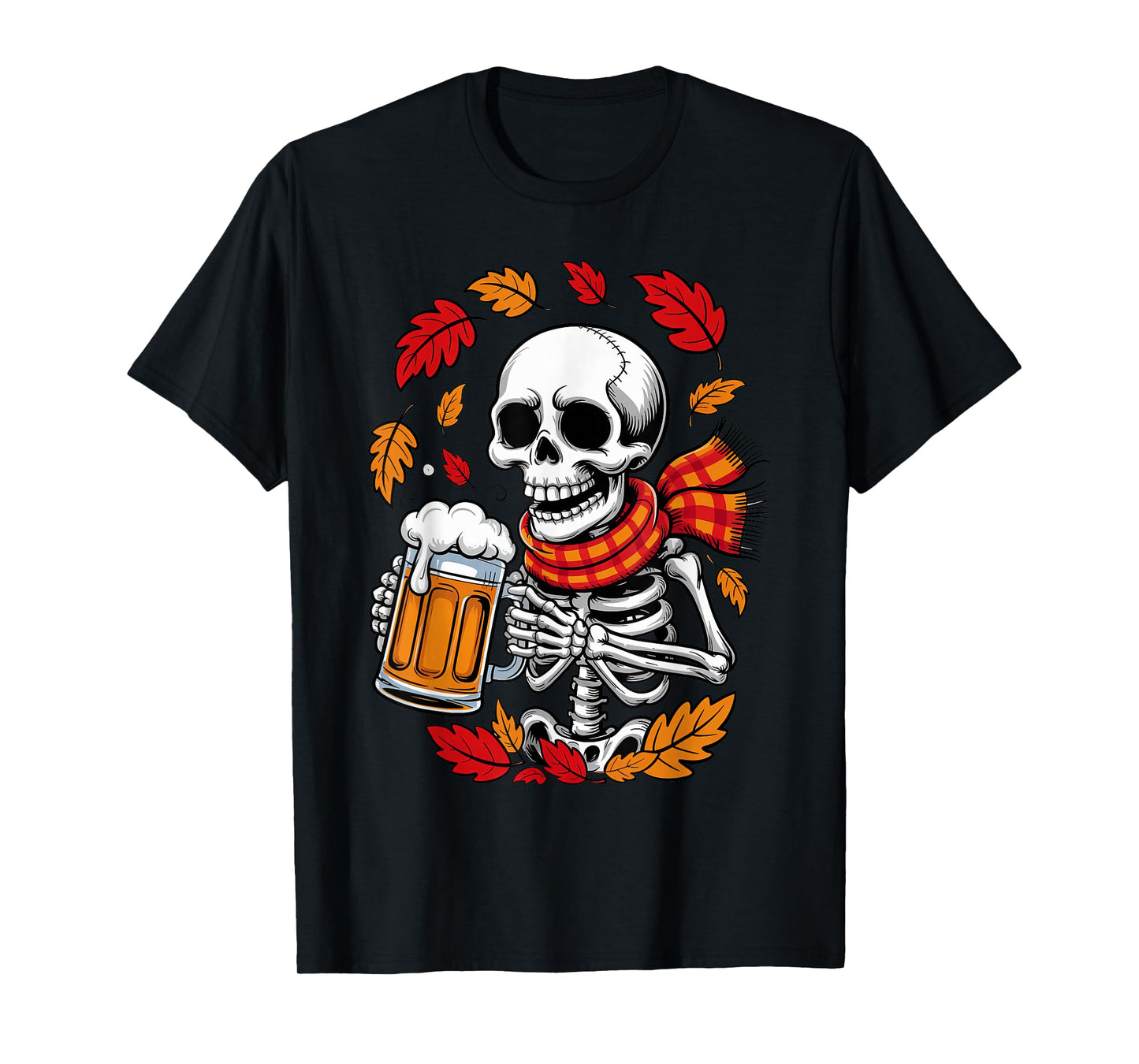 Halloween Skeleton Beer Drinker Funny Autumn Leaves Costume T-Shirt
