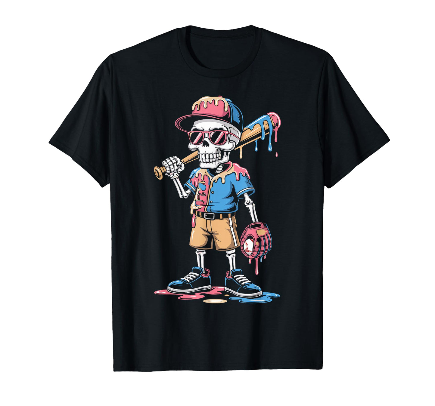 Funny Baseball Skeleton Ice Cream Drip Baseball T-Shirt